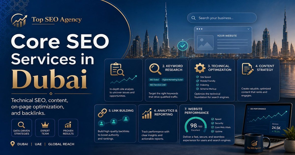 Core SEO Services in Dubai — Technical SEO, Keyword Research, Content Strategy, On-Page Optimization, Link Building and Analytics